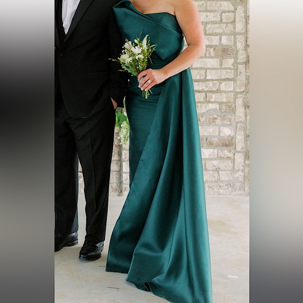 Nicole Bakti Asymm strapless taffeta gown w/ high leg slit & side skirt